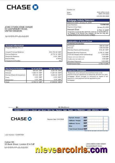 United Kingdom Chase bank mortgage statement